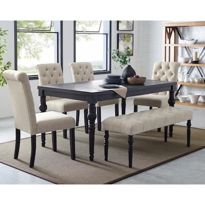 Classic Style 6-Piece Dining Set with Rectangular Table, 4 Button Tufted Upholstered Chairs and Bench