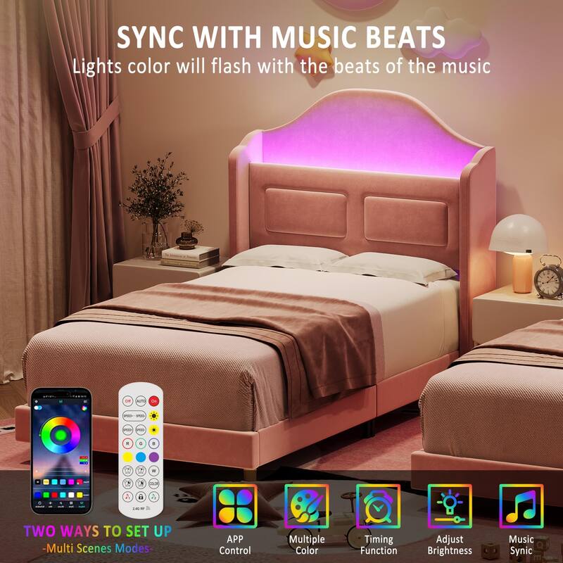 Upholstered Twin Bed Frame, with Wing Back Storage Headboard and Led Lights