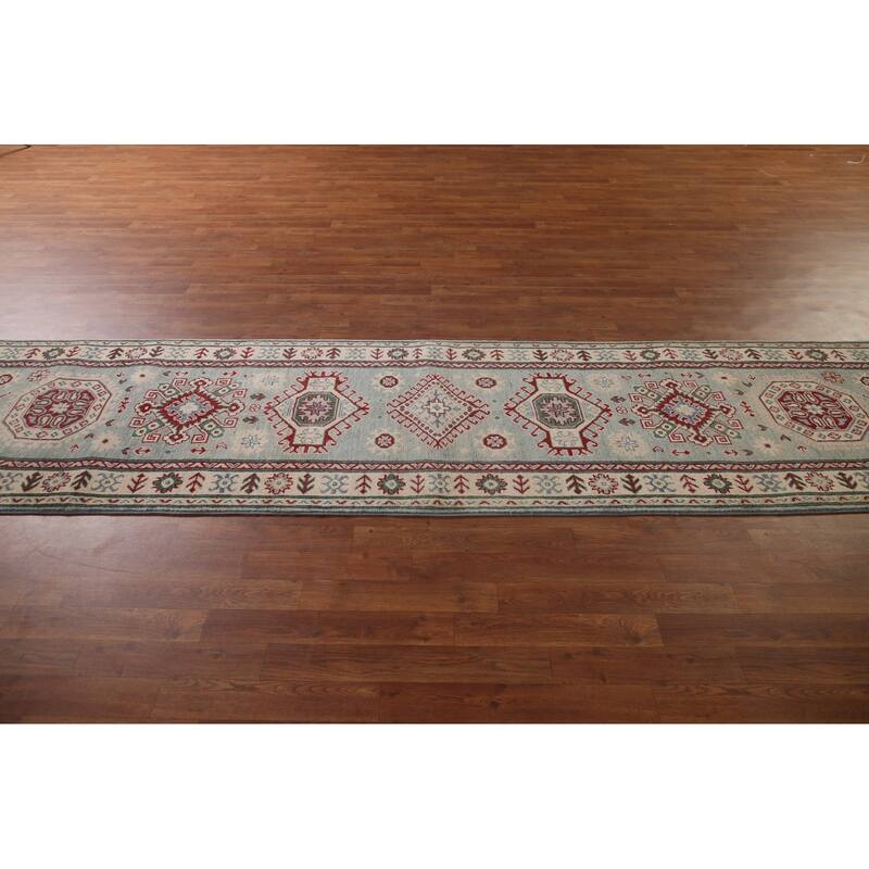 Light Blue Kazak Runner Rug Hand-Knotted Traditional Wool Carpet - 2'8" x 13'4"