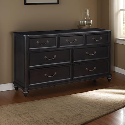 Vix 64 Inch Wide Dresser, 7 Molded Trim Drawers, Pewter Drop Handles, Black