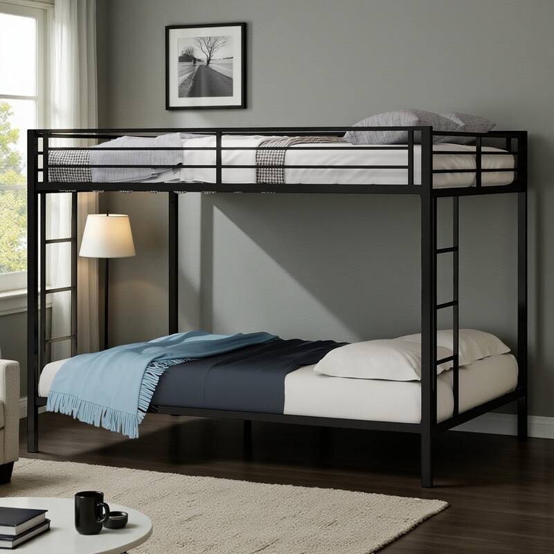 Full/Queen Metal Bunk Bed with Heavy-Duty Square Tube Frame, Dual Sleeping Areas, Space-Saving Design for Shared Rooms - Black - Full