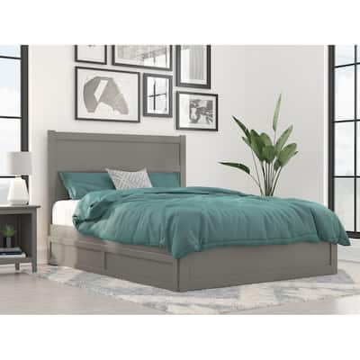 Twin Trundle Bed with Footboard - Grey Platform Bed Frame, Modern Style, Space Saving Design