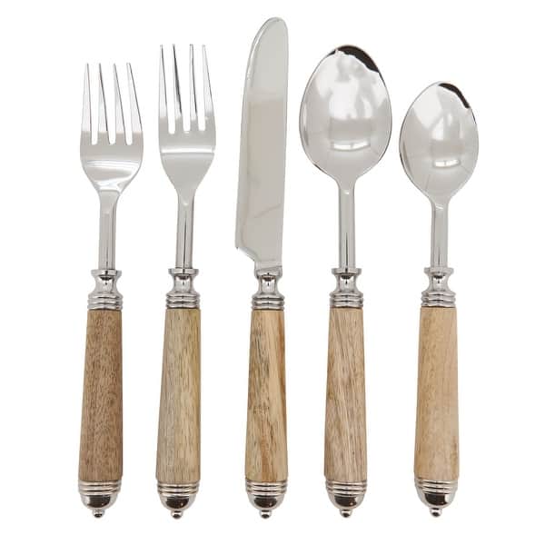 slide 2 of 5, Natural Bark Wood Style Handle Place Setting Flatware - Set of 5