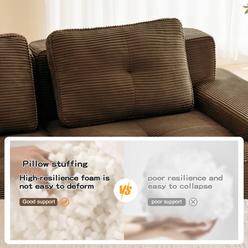 L-Shaped Sectional Couch with Ottoman, Oversized Modular Corduroy Sofa