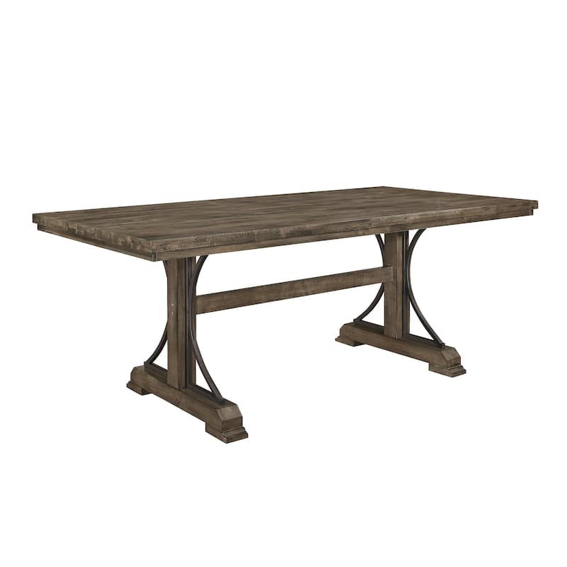 1pc Light Brown Finish Curved Metal Accents Trestle Base Rectangular Dining Table Wood Wooden Metal Furniture