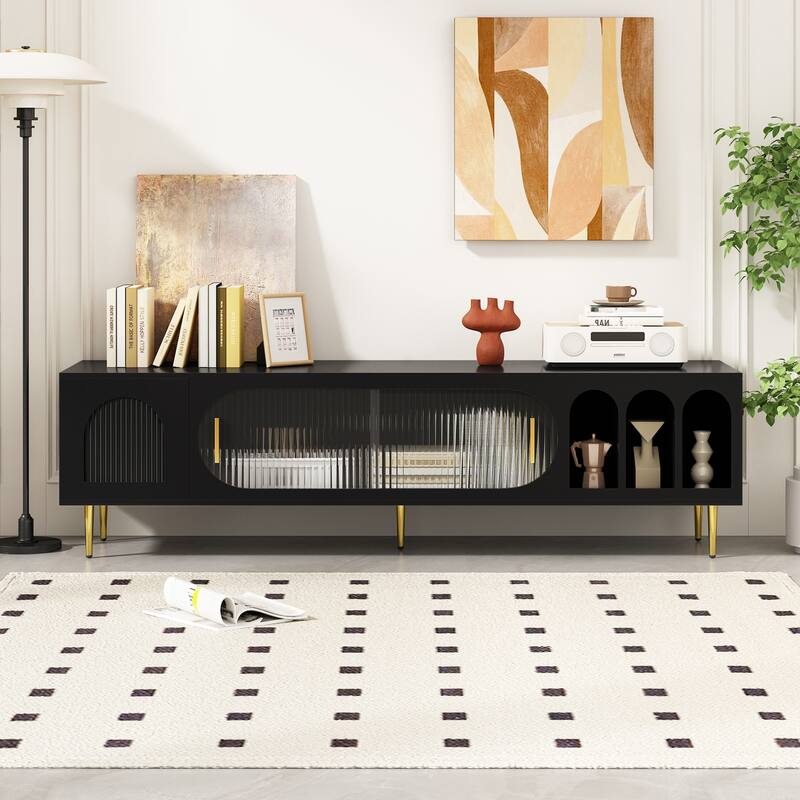 Modern TV Stand with Arched Shelves, Sliding Acrylic Door, Golden Metal Handles, and Ample Storage, Fits TVs up to 70 Inches.