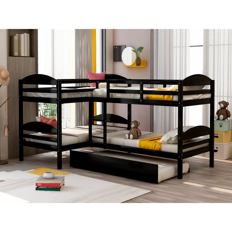 Twin L-Shaped Bunk Bed with Trundle Solid Pine Wood Convertible Beds - Espresso - Twin