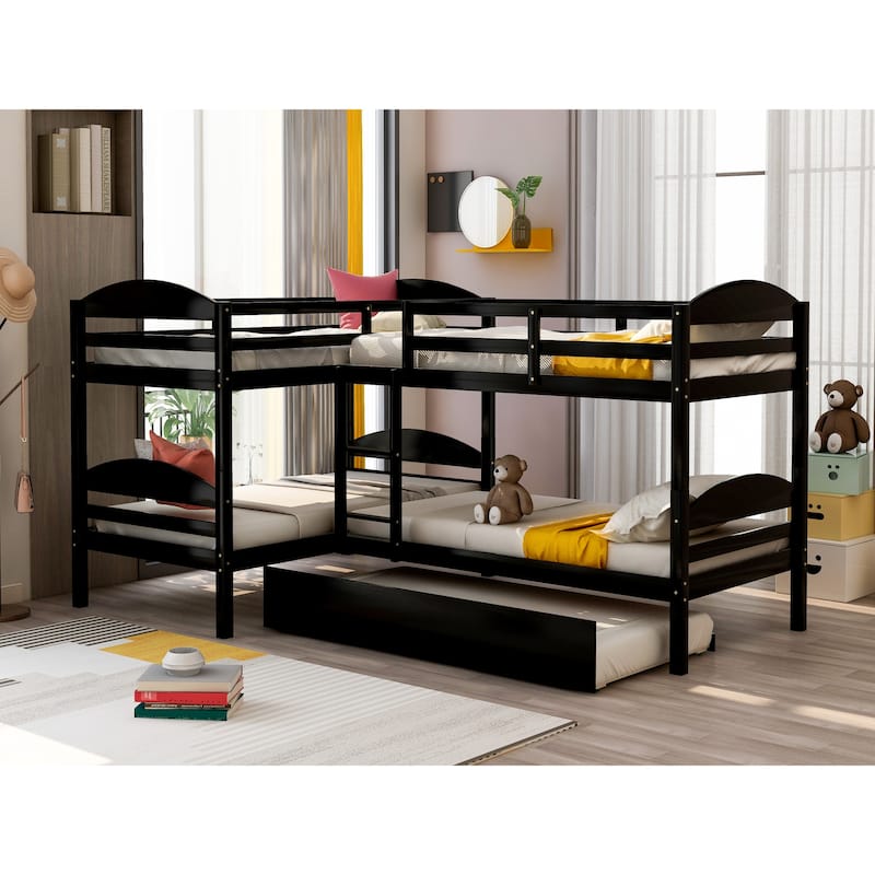 Twin Solid Pine L-Shaped Bunk Bed with Trundle - Espresso
