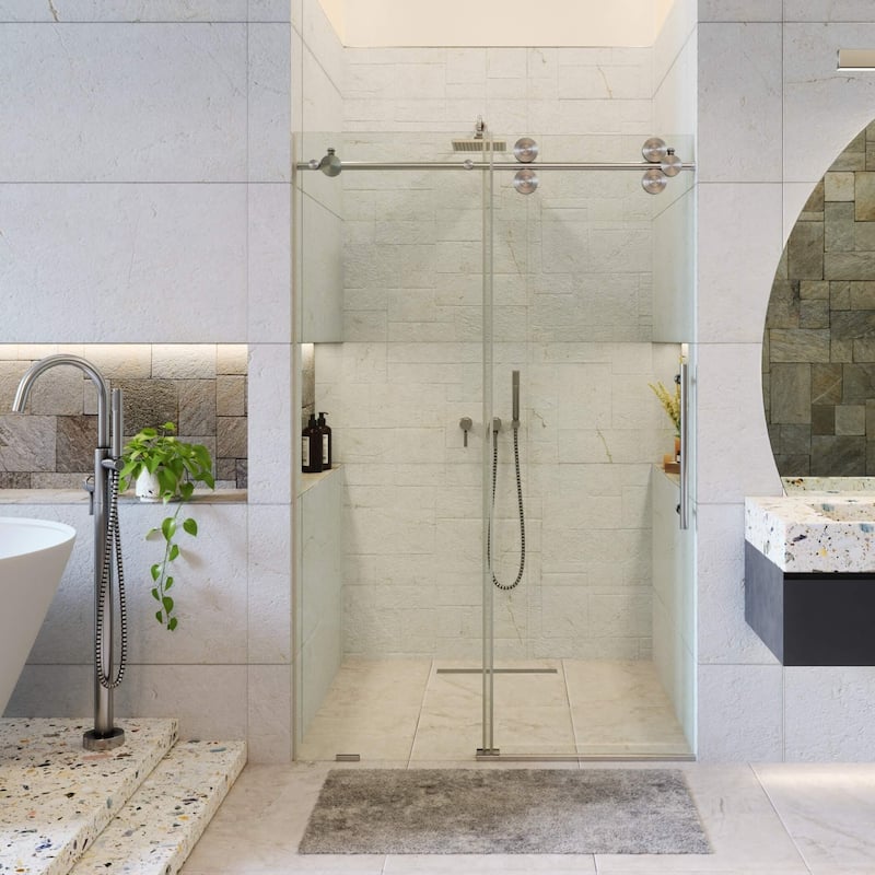 Fine Fixtures Frameless Clear Sliding Bathroom Shower Door - 60" x 75" - Single - Satin Nickel
