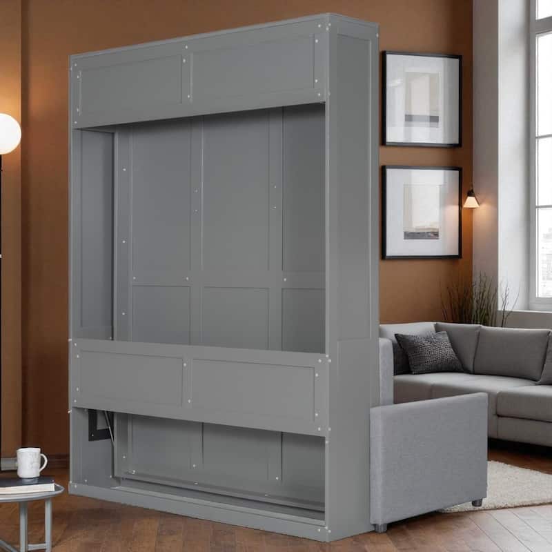 Full/Queen Size Murphy Wall Bed with Sofa Cushion, Pull-Down Foldable Bed with Storage, 600LB Capacity