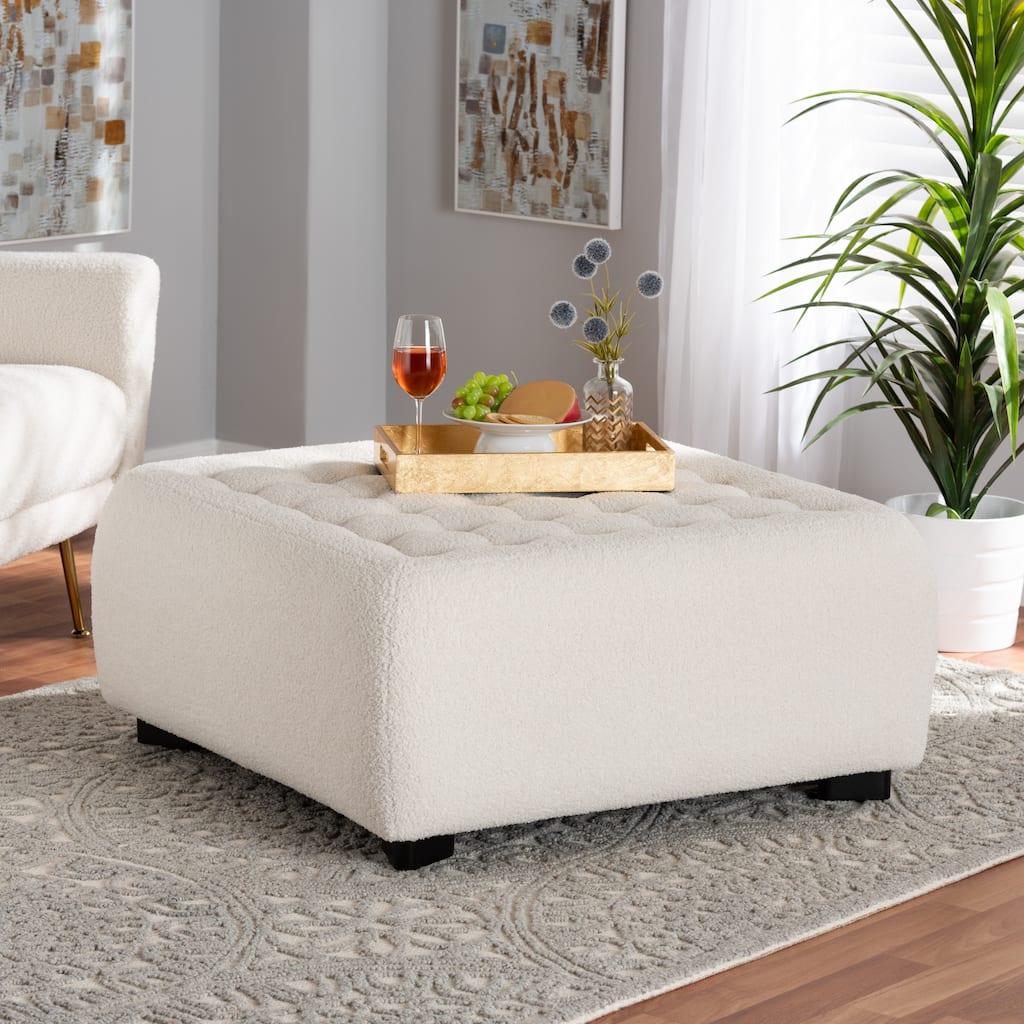 Athena Modern and Contemporary Ivory Boucle Upholstered and Black Finished Wood Square Ottoman