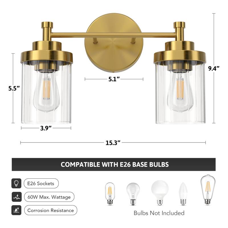Modern Dimmable Vanity Light with Clear Ribbed Glass Shades E26 Sockets