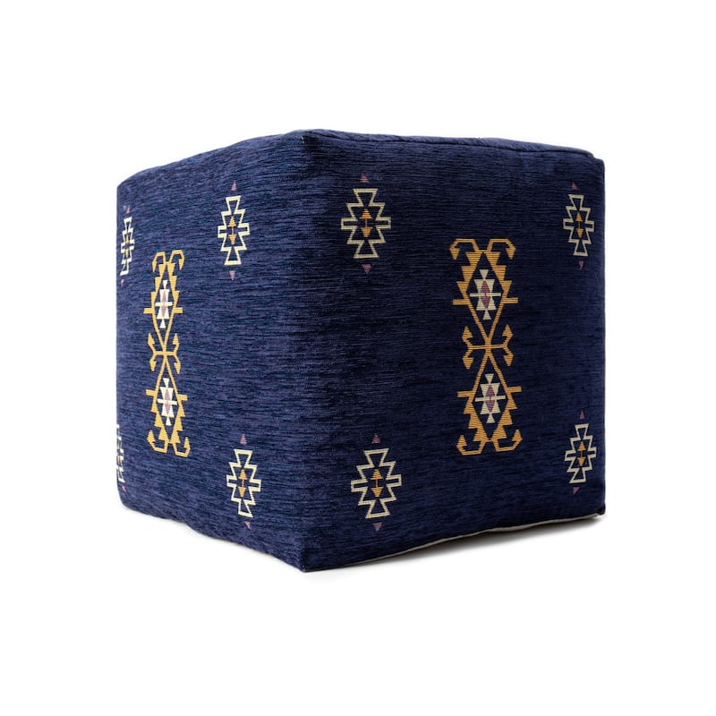 18-Inch Blue Upholstered Pouf Ottoman with Geometric Medallion Design Footrest or Seat Accent