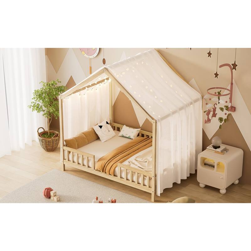 Montessori Floor Bed with Canopy, Full Bed Frame for Kids, House Shape Toddler Bed Frame with High Railings,Full