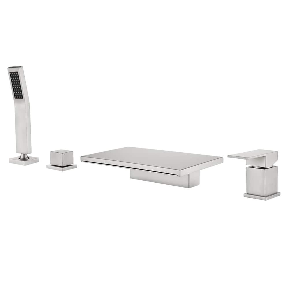 Deck Mount Waterfall Tub Faucet with Handheld Shower Brass 4 Holes Modern Roman Bathtub Filler with Hand Sprayer