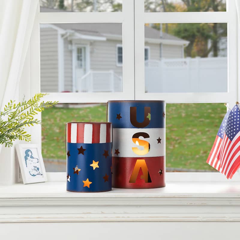 Glitzhome Set of 2 USA Metal Patriotic Lanterns