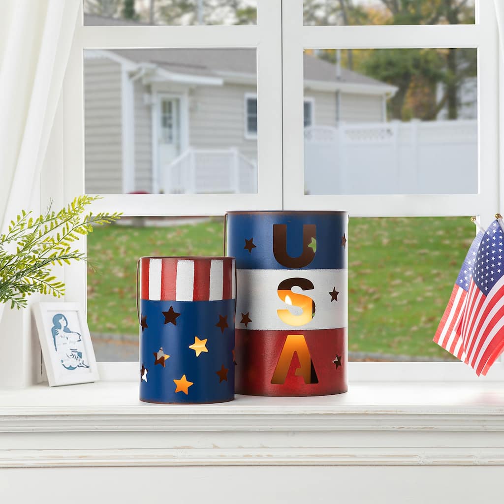 Glitzhome Set of 2 USA Metal Patriotic Lanterns