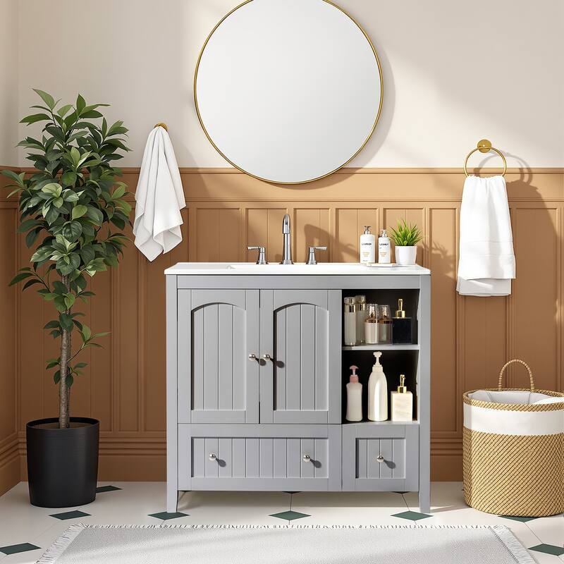 Modern Lacquered Bathroom Organizer Cabinet with Two Drawers and Dual Doors for Storage - 35.82”(H) x 18.11(W) x 32.28 (D)