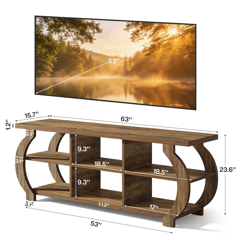 63" Wood TV Stand, Media TV Console with Storage Shelves