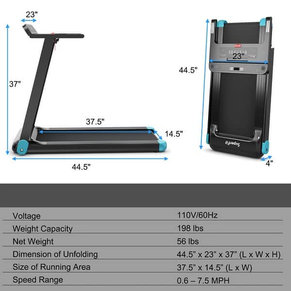 dimension image slide 0 of 2, SurperFit Folding Electric Treadmill Compact Walking Running Machine - 44.5'' x 23'' x 37''