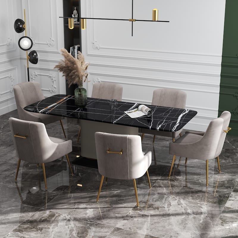 SEYNAR Modern Glam Boucle Pleated Velvet Dining Chair or Vanity Chair Set of 6 with Rear Handle - Grey