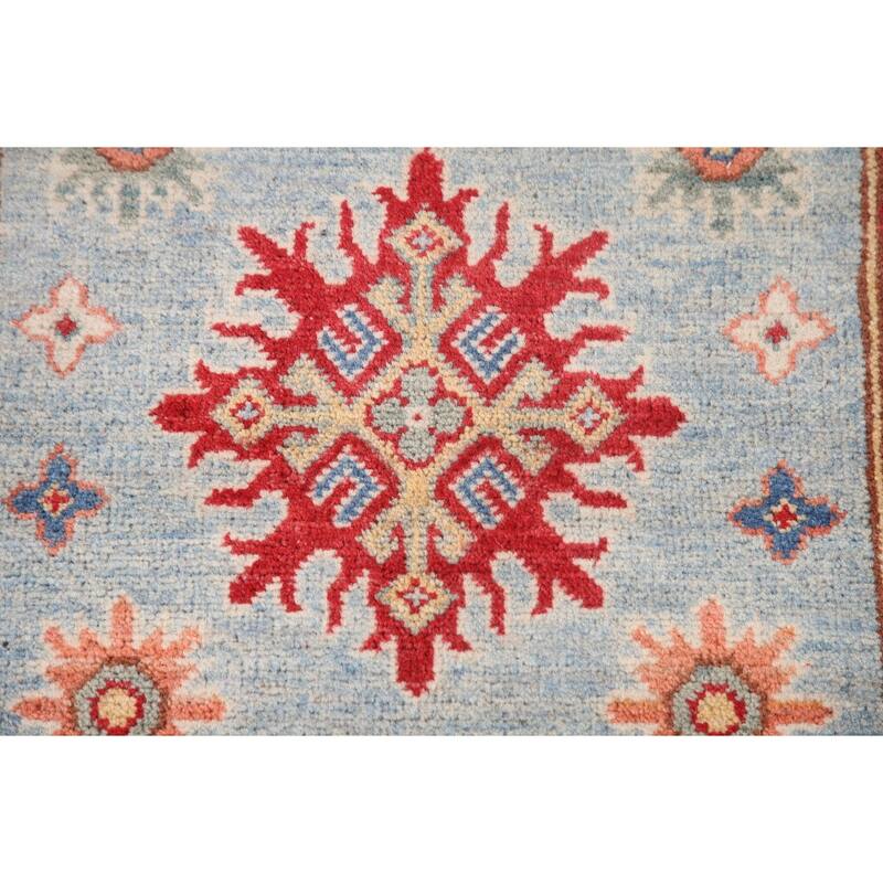 Light Blue Geometric Kazak Runner Rug Hand-Knotted Wool Carpet - 2'8" x 6'6"