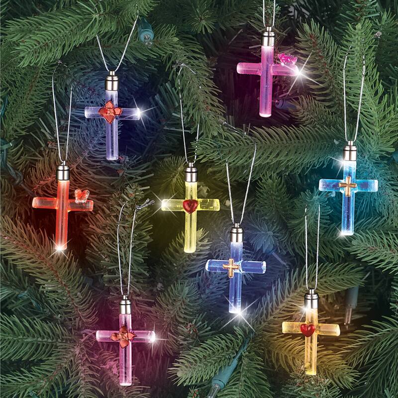 Lighted Glass Cross Ornaments - Set of 8 - 5.700 x 5.250 x 4.600