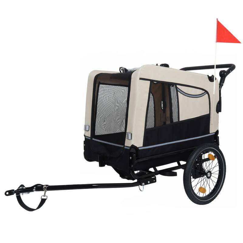 2-In-1 Bike Trailer & Push Cart For Pets-All-Terrain Wheels,Quick Release Wheel,Internal Leash,Holds Pets Up To 88 Lbs - Black+Beige