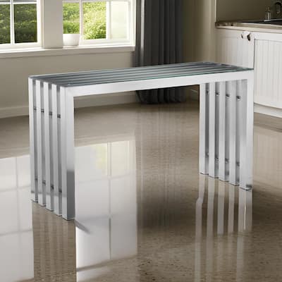 Namo 51 Inch Console Table, Tempered Glass Top, Slatted Silver Metal Frame