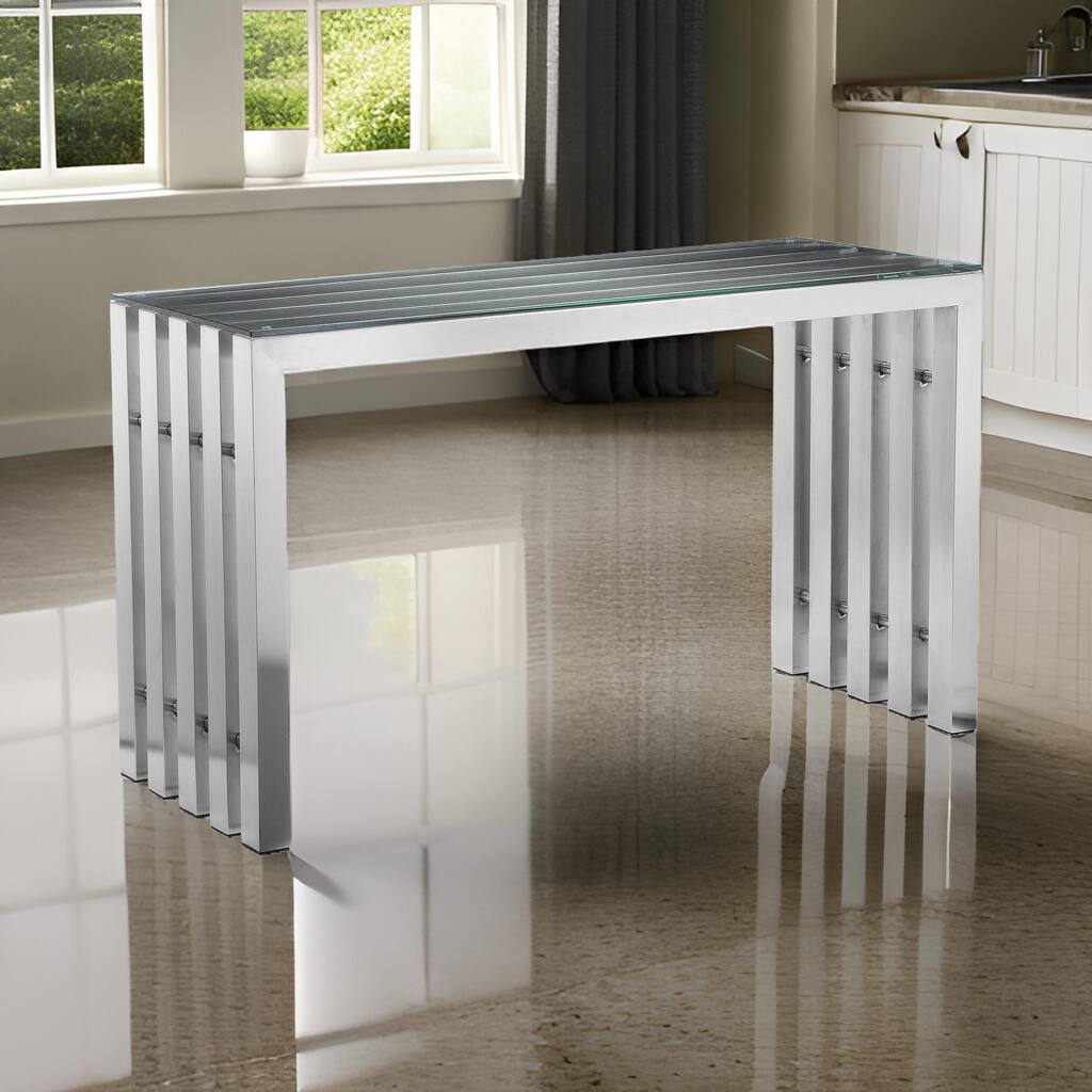 Namo 51 Inch Console Table, Tempered Glass Top, Slatted Silver Metal Frame
