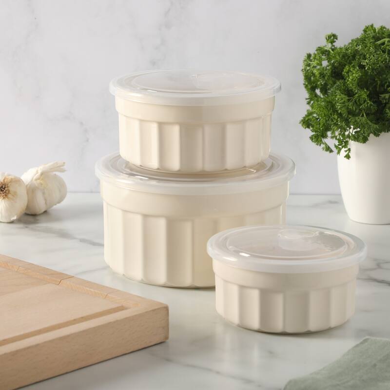 Martha Stewart Broadbrook 6 Piece Stoneware Meal Prep Container Set with Lids, Cream, Oven, Microwave & Dishwasher Safe