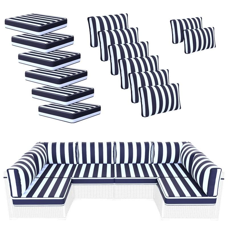 14 Piece Outdoor Furniture Replacement Cushions,Patio Seat Cushions - Blue and white stripes