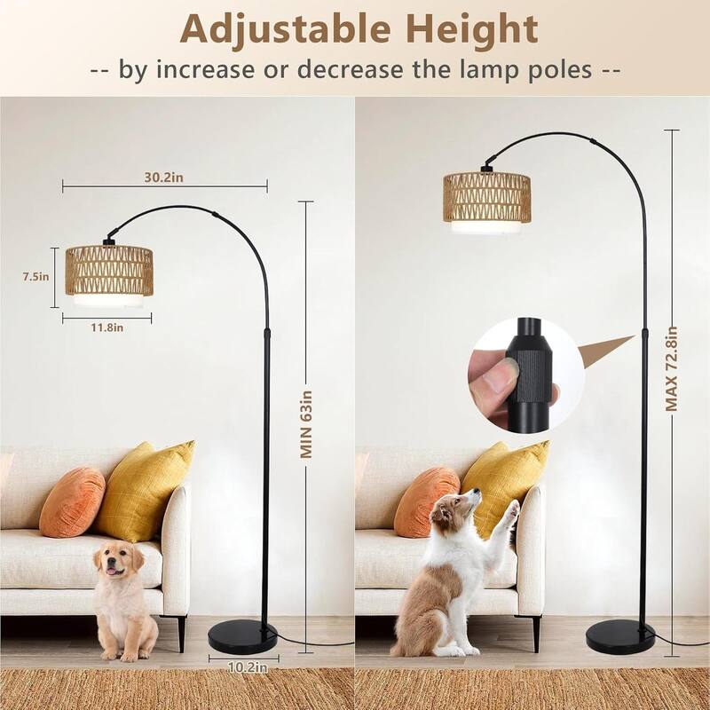 Bohemian Living Room Floor Lamp with Dimmable Bulb and Rattan Shade