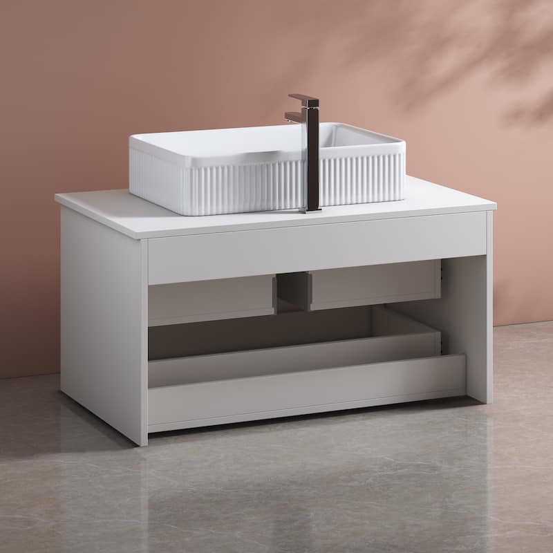 Wall-mounted Bathroom Vanity with Vertical Textured Ceramic Sink, Drawers with Diamond-patterned Design and Rose Gold Handles