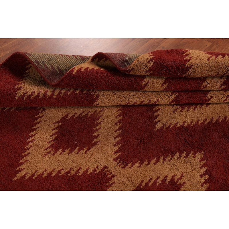 Hand Knotted Oriental 100% Wool Carpet Modern Geometric Red Moroccan Area Rug - 11' 8'' X 8' 11''