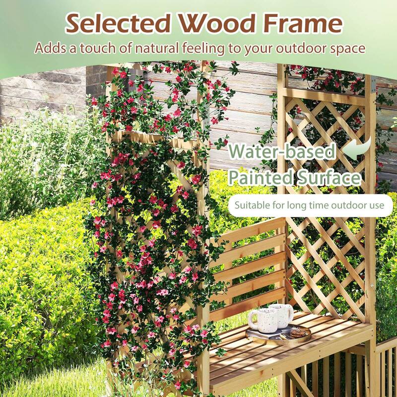 Costway Garden Bench Arbor Arch with Love Seat 2 Trellises & Planting - Wood - See Details
