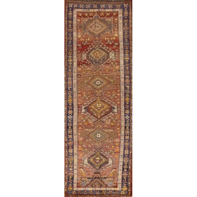 Hand Knotted Oriental 100% Wool Carpet Traditional Geometric Oranges & Rust Heriz Runner Rug - 12' 11'' X 3' 9''