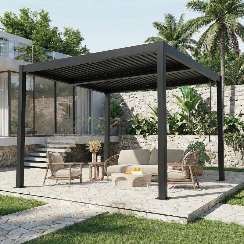 EROMMY Outdoor Louvered Pergola with Adjustable Aluminum Roof – Rainproof Gazebo for Patio & Garden - 10'x10' - Dark Gray