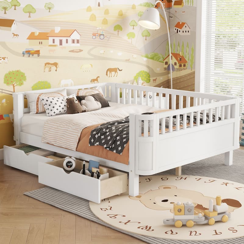 Full Size Wood Platform Bed for Kids, Wood Low Profile Full Bed with Rails for Girls and Boys, White - White