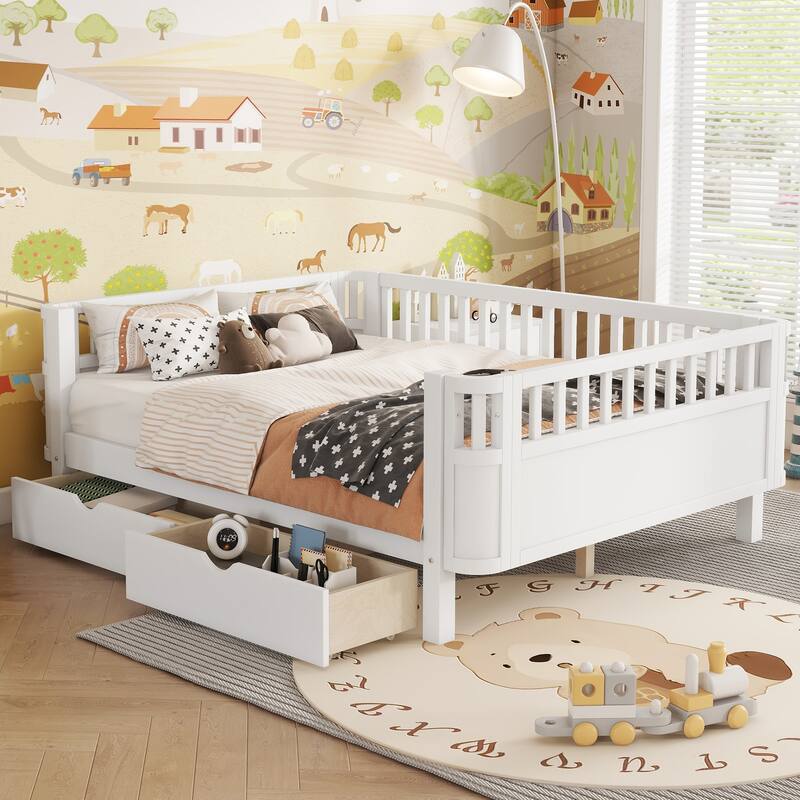 Wooden Kids Bed with 2 Storage Drawers, Guardrails and Removable Side Rail, Rounded Corners Frame Montessori Bed, Toddler Bed - White - Full