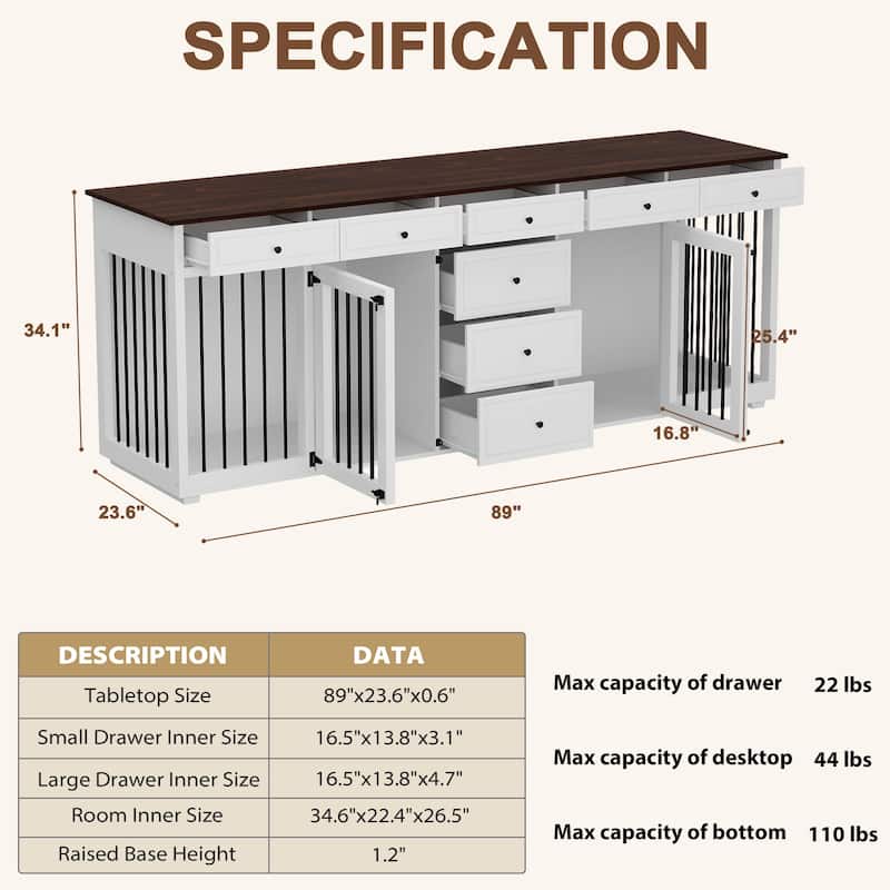 Large Dog Crate Furniture 89" Wooden Double Dog Crate Kennel Furniture - 89"W