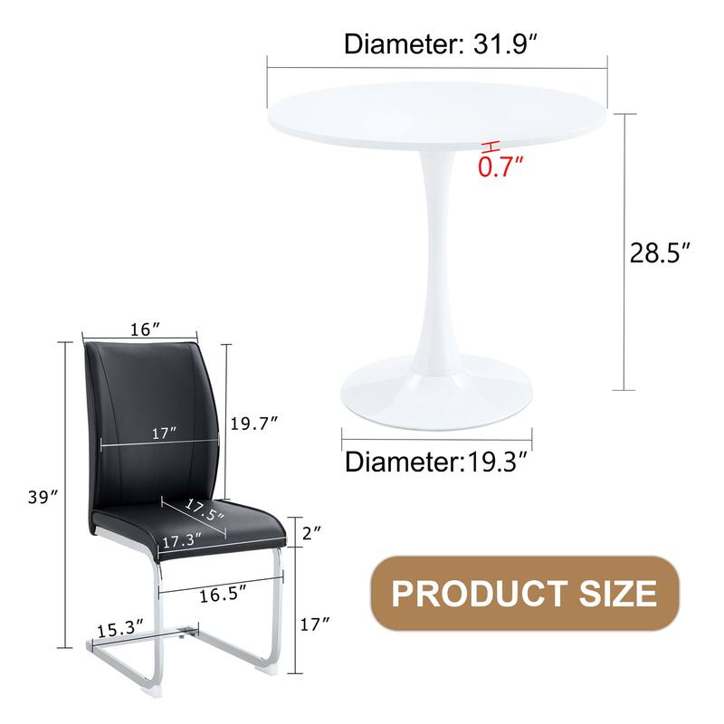 5-Piece Circular Dining Table Set with Black Leather Ergonomic Chairs