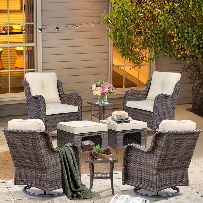 Outdoor Patio Furniture-Wicker Conversation Swivel Rocker Chairs Sets - 8 Piece - Cream