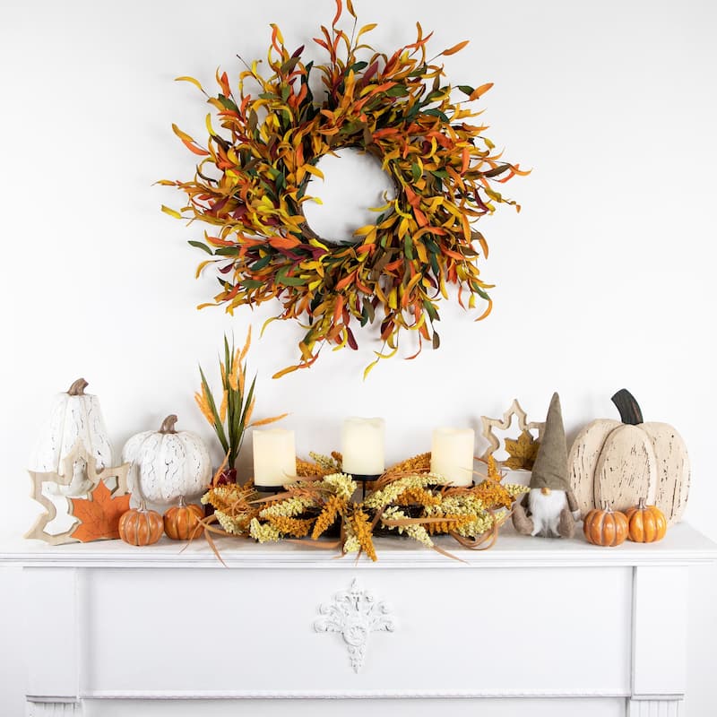Autumn Harvest Triple Candle Holder with Artificial Fall Foliage - 22"
