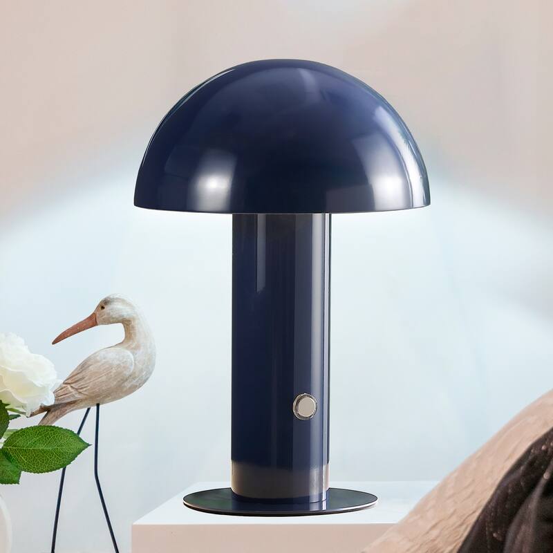 Porcini 10.75" Contemporary Bohemian Rechargeable/Cordless Iron Integrated LED Mushroom Table Lamp, by JONATHAN Y - Navy