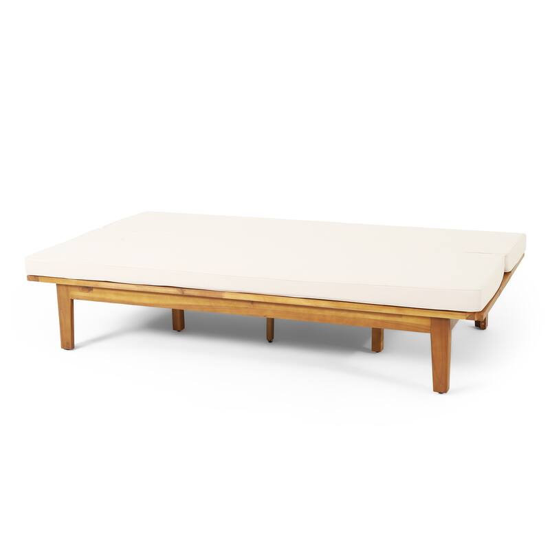 Roomfitters Adjustable Outdoor Wooden Bench with Slatted Backrest and Mid-Century Modern Design, Beige+Teak