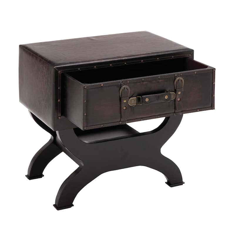 Faux Leather Vintage Style Single Drawer Accent Table with Curved Legs - Brown - Roche River Decor - 16"W x 22"L x 22"H