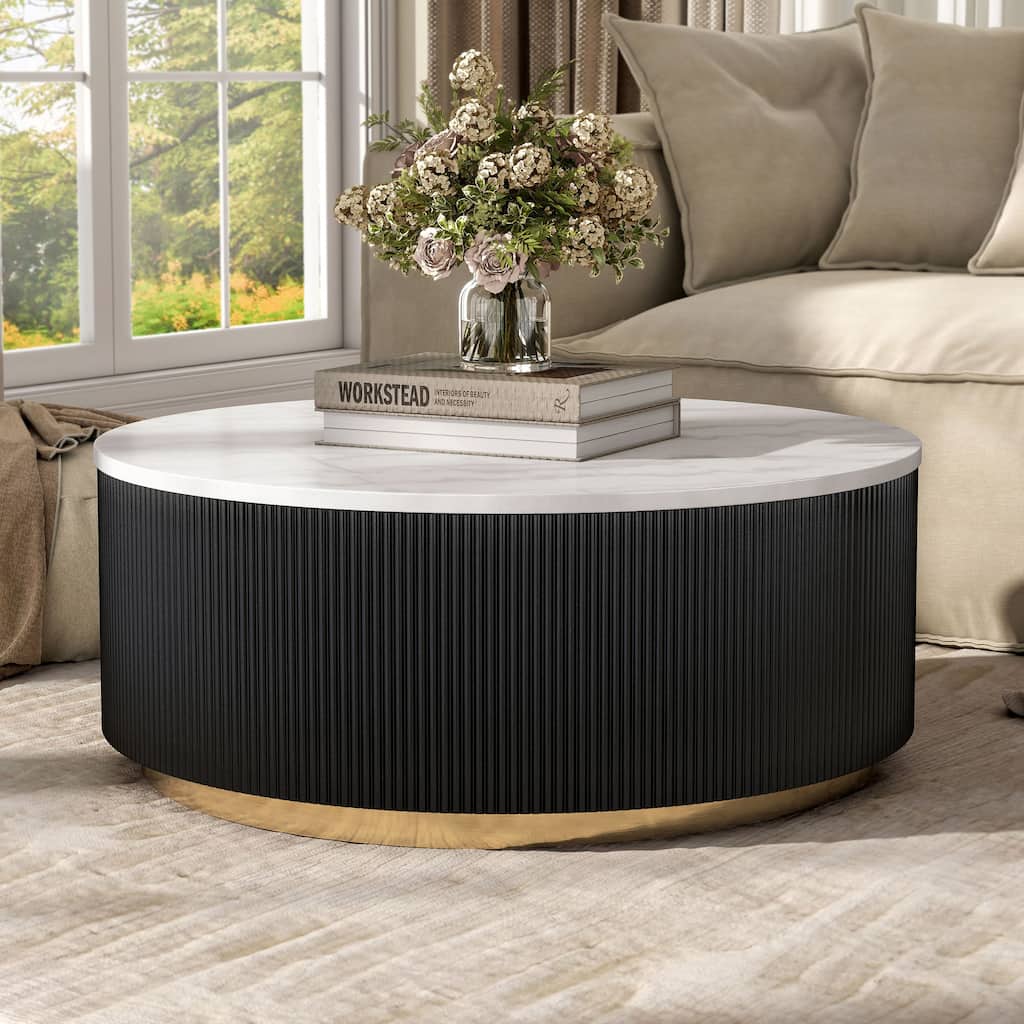 Furniture of America Torin Modern White and Black Genuine Marble Top Round Coffee Table
