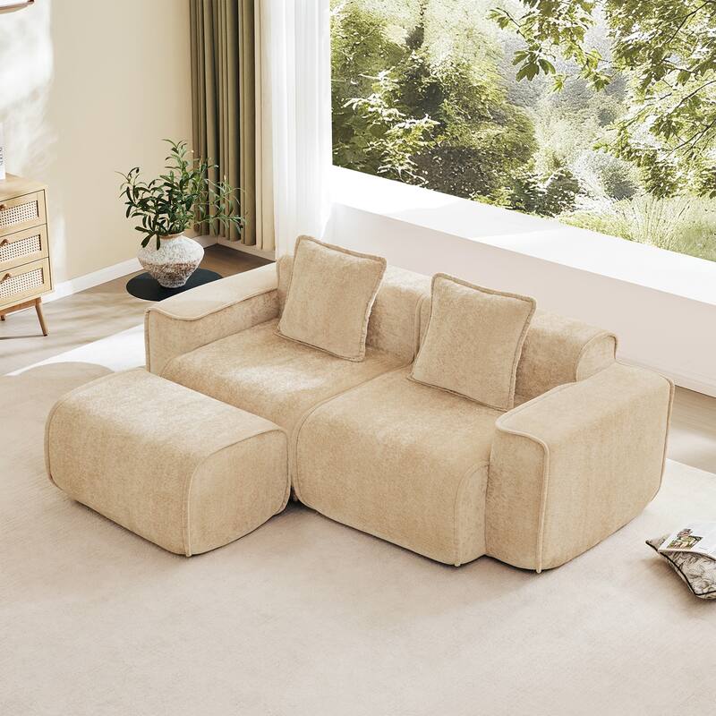 GDFStudio - Streamlined Velvet 2-Seater 78.74" Modular L-Shaped Sofa with Ottoman - Light Camel