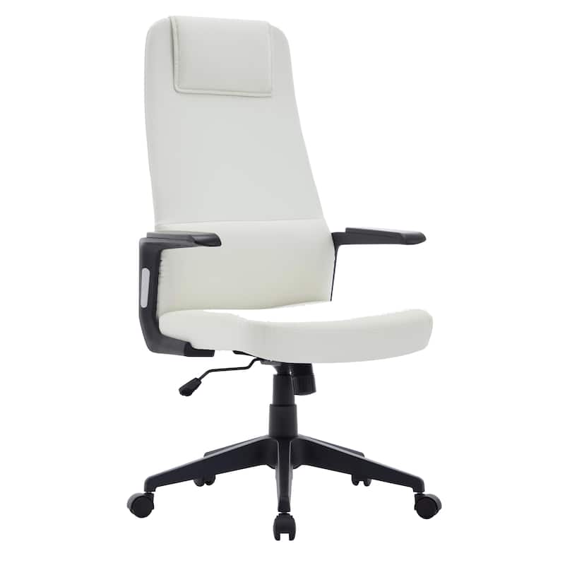 Nexa Ergonomic Leather/Polyester High-Back Office Chair with Padded Headrest, Adjustable Height, Swivel, and Smooth Casters - White Leather